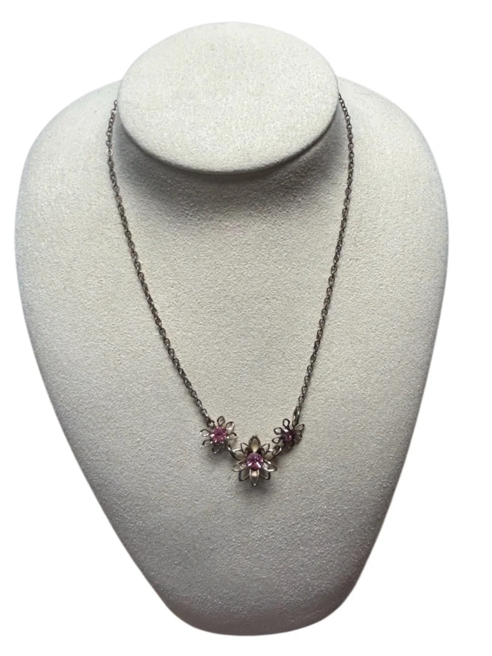 Girl’s Silver Tone Necklace with Pink Floral Accents